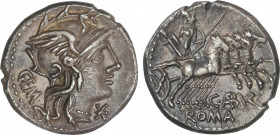 Republic
Denario. 134 a.C. ABURIA. C. Aburius Geminus. Anv.: Cabeza de Roma a derecha, delante *. Detrás: GEM. Rev.: Marte con arco, lanza y escudo e...