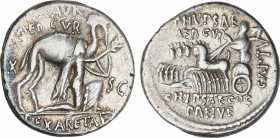 Republic
Denario. 58 a.C. AEMILIA-8. M. Aemilius Scaurus y Pub. Plautius Hypsaeus. Anv.: (M. S)CAVR. AED. CVR. (E)X S. C. REX. ARETAS. El Rey Aretas ...