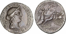 Republic
Denario. 82-81 a.C. ANNIA. C. Annius y Lucius Fabiu. HISPANIA. Anv.: Busto diademado de Anna Perenna a derecha, delante balanzas, detrás cad...