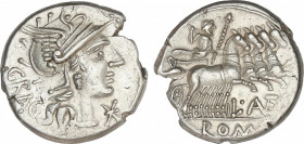 Republic
Denario. 136 a.C. ANTESTIA. L. Antestius Gragulus. Anv.: Cabeza de Roma a derecha, delante *, detrás GRAG. Rev.: Júpiter en cuadriga a derec...