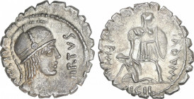 Republic
Denario. 71 a.C. AQUILLIA. Manius Aquillius Mn. f. Mn. N. Anv.: Variante por diferente parte trasera inferior del yelmo de la Virtud. Detrás...