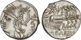 Republic
Denario. 137 a.C. BAEBIA. Marcius Baebius Q. f. Tampilus. ESCASA. Anv.: Cabeza de Roma con gargantilla de doble hilera de perlas (no visible...