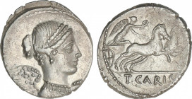 Republic
Denario. 46 a.C. CARISIA. T. Carisius. Anv.: Busto diademado a derecha. Rev.: Victoria en biga a derecha. En exergo: T.CARISI. 3,84 grs. AR....
