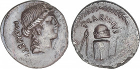 Republic
Denario. 46 a.C. CARISIA. T. Carisius. ESCASA. Anv.: Cabeza de Juno a derecha con dos mechones de pelo a lo largo de la nuca, detrás MONETA....
