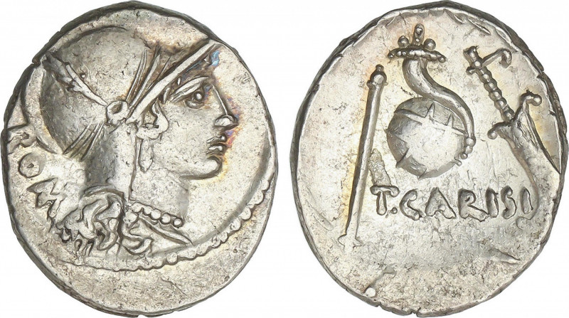 Republic
Denario. 46 a.C. CARISIA. T. Carisius. Anv.: Cabeza de Roma a derecha,...
