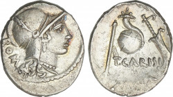 Republic
Denario. 46 a.C. CARISIA. T. Carisius. Anv.: Cabeza de Roma a derecha, detrás ROMA. Rev.: Cornucopia sobre globo celeste entre cetro y timón...