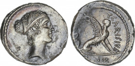 Republic
Denario. 46 a.C. CARISIA. T. Carisius. Anv.: Cabeza de Sibila a derecha. Rev.: Esfinge sentada a derecha encima T. CARISIVS. En exergo: III ...
