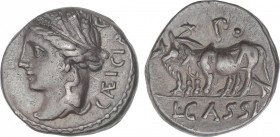 Republic
Denario. 102 a.C. CASSIA. L. Cassius Caecianus. Anv.: Cabeza laureada de Ceres a izquierda, detrás (G). y leyenda: CAECIAN (AE y AN nexadas)...