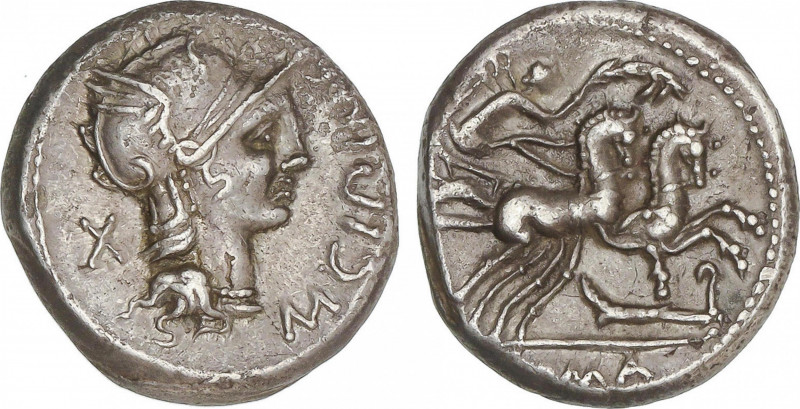 Republic
Denario. 115-114 a.C. CIPIA. M. Cipius M.f. Anv.: Cabeza de Roma a der...