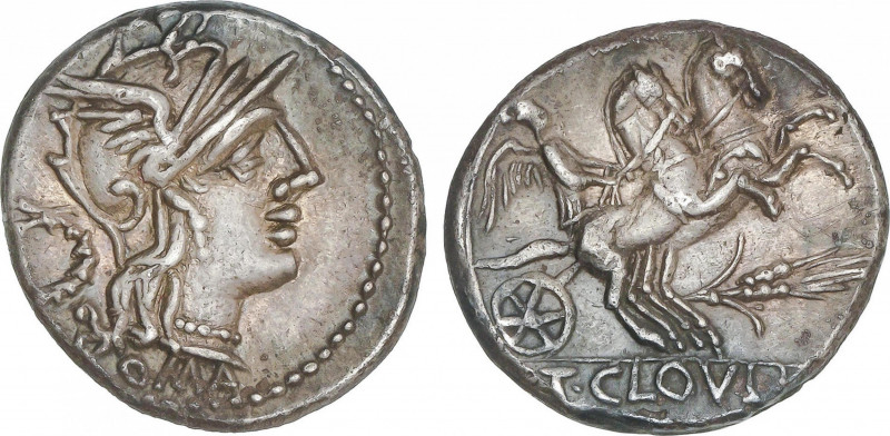 Republic
Denario. 128 a.C. CLOULIA. T. Cloulius. Anv.: Cabeza se Roma a derecha...
