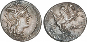 Republic
Denario. 128 a.C. CLOULIA. T. Cloulius. Anv.: Cabeza se Roma a derecha, detrás corona.Debajo ROMA. Rev.: Victoria en biga a derecha, debajo ...