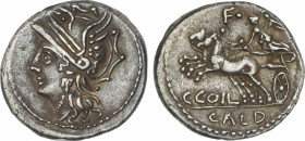 Republic
Denario. 104 a.C. COELIA o COILIA. C. Coelius Caldus. Anv.: Cabeza de Roma a izquierda. Rev.: Victoria en biga a izquierda, encima F con pun...