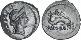 Republic
Denario. 46 a.C. CORDIA. Manius Cordius Rufus. Anv.: Cabeza diademada de Venus Verticordia a derecha, distinto peinado y pendientes, detrás ...