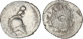 Republic
Denario. 46 a.C. CORDIA. Manius Cordius Rufus. ESCASA. Anv.: Casco corintio, encima lechuza, detrás (RVFVS). Rev.: Égida de Minerva con cabe...