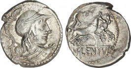 Republic
Denario. 88 a.C. CORNELIA. Cn. Cornelius Lentulus Marcellinus. Anv.: Busto de Marte a derecha, con lanza sobre el hombro. Rev.: Victoria en ...