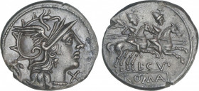 Republic
Denario. 147 a.C. CUPIENNIA. L. Cupienius. Anv.: Cabeza de Roma a derecha entre cuerno de la Abundancia y X. Rev.: Dióscuros a caballo a der...
