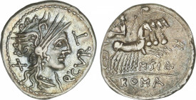 Republic
Denario. 116-115 a.C. CURTIA. Quintus Curtius. Anv.: Cabeza de Roma a derecha, detrás X, delante Q. CVRT. Rev.: Júpiter en cuadriga a derech...