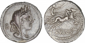 Republic
Denario. 104 a.C. FABIA. C. Fabius C.f. Hadrianus. Anv.: Cabeza de Cibeles a derecha, detrás letra griega beta (B). Rev.: Victoria en biga a...