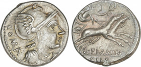 Republic
Denario. 109-108 a.C. FLAMINIA. Lucius Flaminius Cilo. Anv.: Cabeza de Roma a derecha, delante X, detrás ROMA. Rev.: Victoria con corona, en...