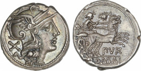 Republic
Denario. 169-158 a.C. FURIA. L. Furius Purpureo. Anv.: Cabeza de Roma a derecha, detrás X. Rev.: Diana en biga a derecha, debajo PVR. En exe...
