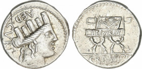 Republic
Denario. 84 a.C. FURIA. P. Furius Crassipes. Anv.: Cabeza de Cibeles con corona mural a derecha, detrás pie hacia abajo y AED CVR. Rev.: Sil...