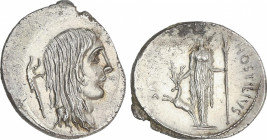 Republic
Denario. 48 a.C. HOSTILIA. L. Hostilius Saserna. ESCASA. Anv.: Cabeza de Galia a derecha, detrás carnyx. Rev.: Diana de Efeso de pie con lan...