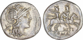 Republic
Denario. 145 a.C. ITIA. L. Itius. ESCASA. Anv.: Cabeza de Roma a derecha, detrás X. Rev.: Dioscuros a caballo a derecha, encima estrellas, d...