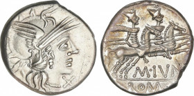 Republic
Denario. 149 a.C. JUNIA. M. Junius Silanus. Anv.: Cabeza de Roma a derecha entre cabeza de asno y X. Rev.: Dióscuros a caballo a derecha, en...