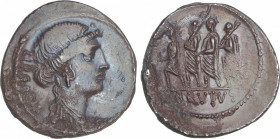 Republic
Denario. 54 a.C. JUNIA. Q. Caepio Brutus. Anv.: Cabeza de Libertad con joya a derecha, detrás LIBERTAS. Rev.: Accensus, dos lictores y Bruto...