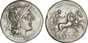 Republic
Denario. 154 a.C. JUVENTIA. Caius Juventius Thalna. Anv.: Cabeza de Roma a derecha, detrás X. Rev.: Victoria en biga a derecha, debajo C. TA...