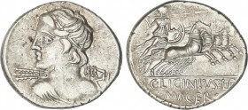 Republic
Denario. 84 a.C. LICINIA. C. Licinius L.f. Macer. Anv.: Cabeza diademada de Apolo Vejovis a izquierda. Rev.: Minerva en cuadriga a derecha. ...