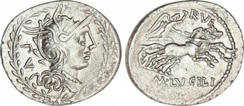 Republic
Denario. 101 a.C. LUCILIA. M. Lucilius Rufus. Anv.: Cabeza de Roma a d...