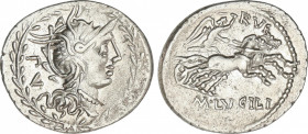 Republic
Denario. 101 a.C. LUCILIA. M. Lucilius Rufus. Anv.: Cabeza de Roma a derecha, detrás P.V., todo dentro de corona de laurel. Rev.: Victoria e...
