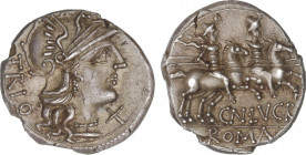 Republic
Denario. 136 a.C. LUCRETIA. Cnaeus Lucretius Trio. Anv.: Cabeza de Roma a derecha, entre TRIO y X. Rev.: Dióscuros a caballo a derecha, enci...