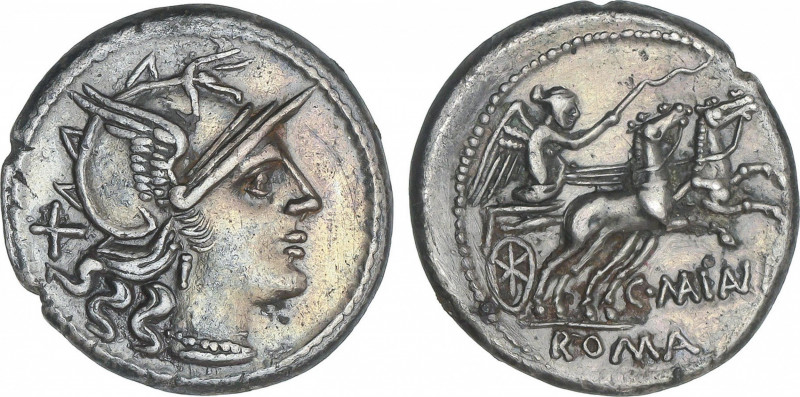 Republic
Denario. 153 a.C. MAIANIA. C. Maianius. Anv.: Cabeza de Roma a derecha...