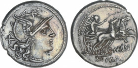 Republic
Denario. 153 a.C. MAIANIA. C. Maianius. Anv.: Cabeza de Roma a derecha, detrás X. Rev.: Victoria en biga a derecha, debajo C. MAIANI. En exe...