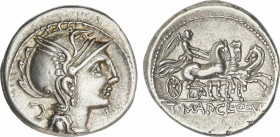 Republic
Denario. 111-110 a.C. MALLIA. T. Mallius Mancinus Appius. Anv.: Cabeza de Roma a derecha, detrás círculo. Rev.: Victoria en triga a derecha....