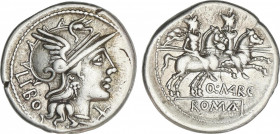 Republic
Denario. 148 a.C. MARCIA. Q. Marcius Libo. Anv.: Cabeza de Roma a derecha entre LIBO y X. Rev.: Dióscuros a caballo a derecha, debajo Q. MAR...