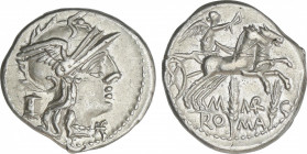 Republic
Denario. 148 a.C. MARCIA. M. Marcius Mn. F. Anv.: Cabeza de Roma a derecha entre modius y *. Rev.: Victoria en biga a derecha, debajo dos es...