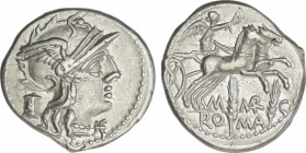 Republic
Denario. 148 a.C. MARCIA. M. Marcius Mn. F. Anv.: Cabeza de Roma a derecha entre modius y *. Rev.: Victoria en biga a derecha, debajo dos es...