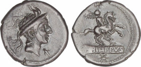 Republic
Denario. 113-112 a.C. MARCIA. L. Marcius Philippus. Anv.: Cabeza de Filipo V de Macedonia, detrás ROMA (en monograma), delante letra griega ...