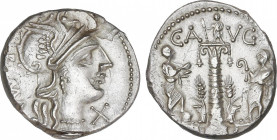 Republic
Denario. 135 a.C. MINUCIA. C. Minicius Augurinus. Anv.: Cabeza de Roma a derecha, entre ROMA y X. Rev.: Columna entre Lucius Minucius y M. M...