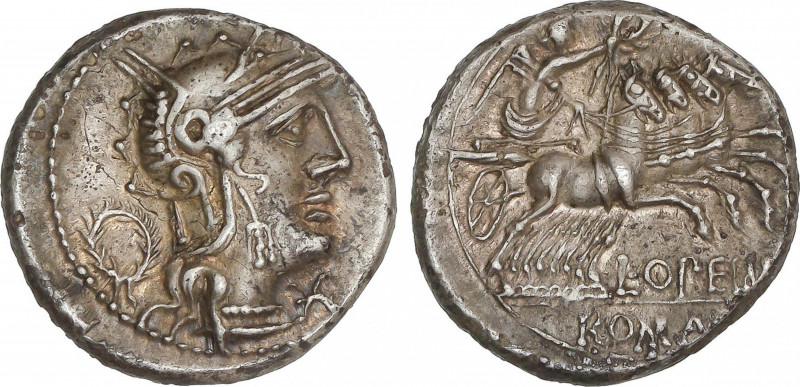 Republic
Denario. 131 a.C. OPIMIA. L. Opeimius. Anv.: Cabeza de Roma a derecha,...
