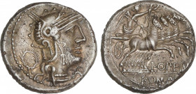 Republic
Denario. 131 a.C. OPIMIA. L. Opeimius. Anv.: Cabeza de Roma a derecha, entre corona y *. Rev.: Victoria con corona en cuadriga a derecha, de...