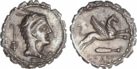 Republic
Denario. 79 a.C. PAPIA. L. Papius. Anv.: Cabeza de Juno Sospita a derecha, tocado con piel de ciervo, detrás fusta?. Rev.: Grifo a derecha, ...