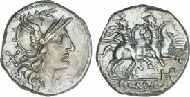 Republic
Denario. 194-190 a.C. PLAUTIA. L. Plautius Hispaeu. RARA. Anv.: Cabeza de Roma a derecha, detrás X. Rev.: Dioscuros a caballo a derecha, deb...