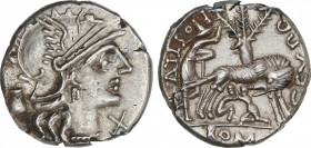 Republic
Denario. 137 a.C. POMPEIA. Sex. Pompeius Fostulus. Anv.: Cabeza de Roma, entre X y vaso. Rev.: Loba amamantando a Rómulo y Remo, a izquierda...