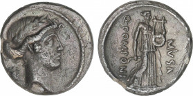 Republic
Denario. 66 a.C. POMPONIA. Q. Pomponius Musa. ESCASA. Anv.: Cabeza de Apolo a derecha, detrás instrumento para afinar la lira. Rev.: Musa Ca...