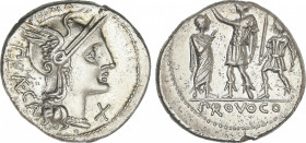 Republic
Denario. 110-109 a.C. PORCIA. P. Porcius Lacca. Anv.: Cabeza de Roma a derecha entre ROMA P. LAECA y X. Rev.: Soldado romano entre ciudadano...