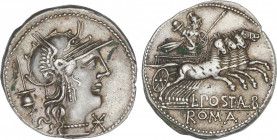 Republic
Denario. 131 a.C. POSTUMIA. L. Postumius Albinus. Anv.: Cabeza de Roma a derecha entre apex y *. Rev.: Marte en cuadriga a derecha, debajo L...